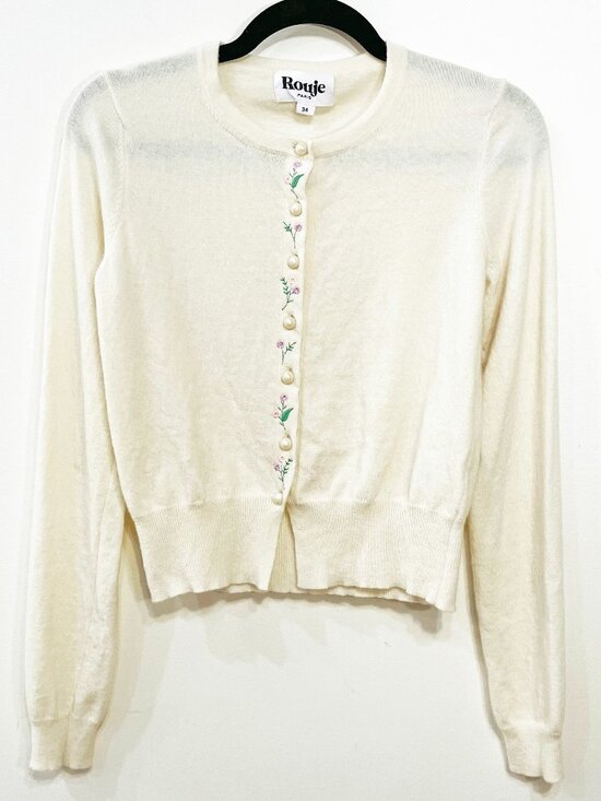 EUC Rouje Perrine Wool Blend Embroidered Cardigan Ivory 34, XS, 2 - Picture 2 of 7